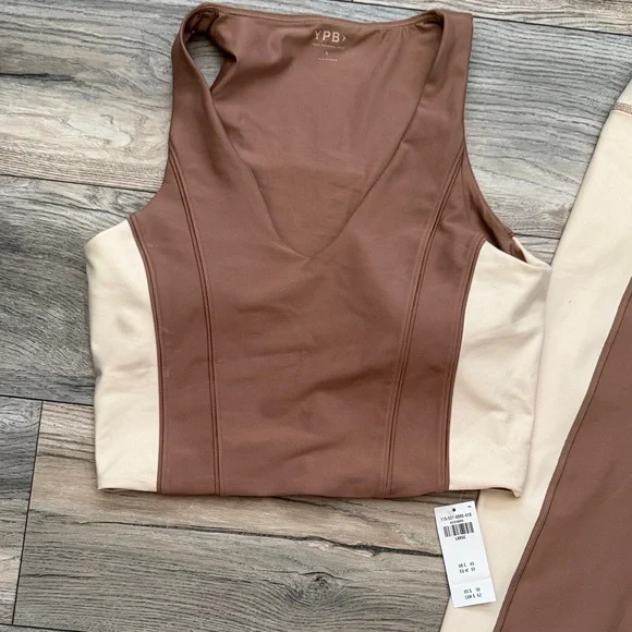 High-Waist Two-Tone Leggings and Crop Tank Set - Brown & Cream - Picture 2 of 7